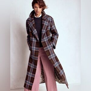 Boden Cocoon Wool Coat long Check Pink, Teal Brown